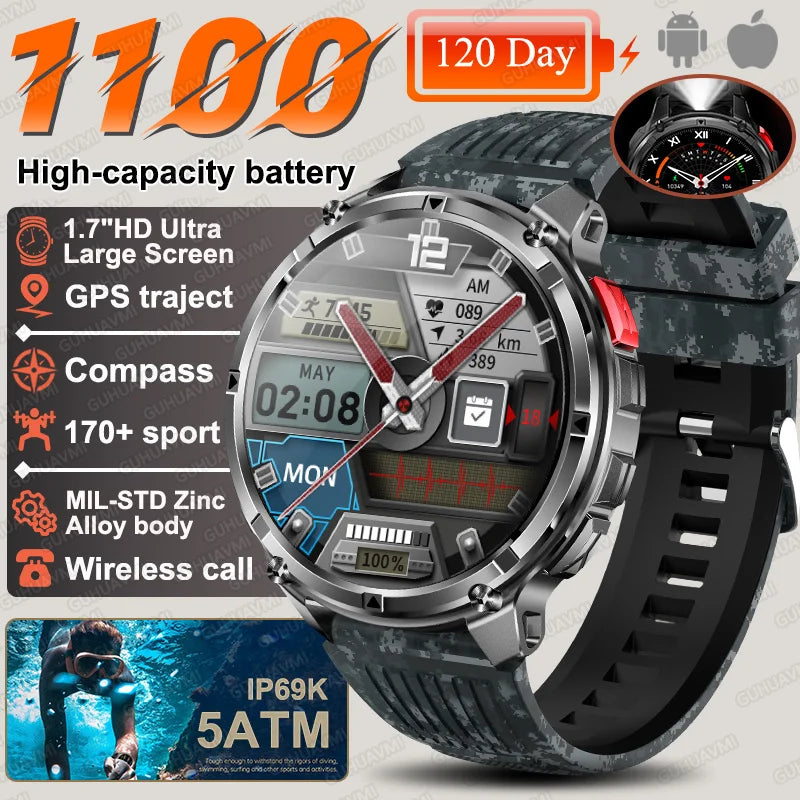 2026 New T-Rex3 Ultra 1100Mah Military Smart Watch Men 1.7"AMOLED GPS Path 5ATM Waterproof Compass LED Flashlight Smartwatch iOS