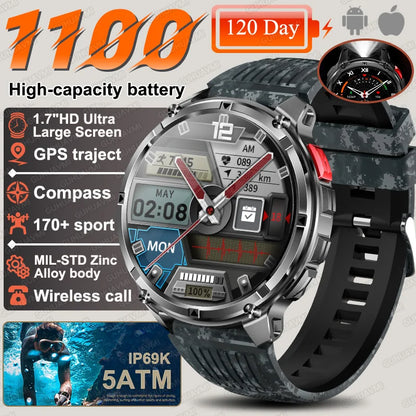 2026 New T-Rex3 Ultra 1100Mah Military Smart Watch Men 1.7"AMOLED GPS Path 5ATM Waterproof Compass LED Flashlight Smartwatch iOS