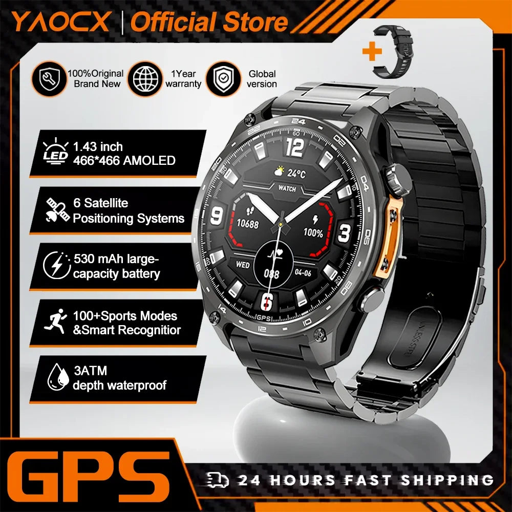 2026 New Men Smart Watch with Built in GPS Maps BT Call 100+ Sport Modes 3ATM Waterproof MP3 MP4 Playback Altitude Compass