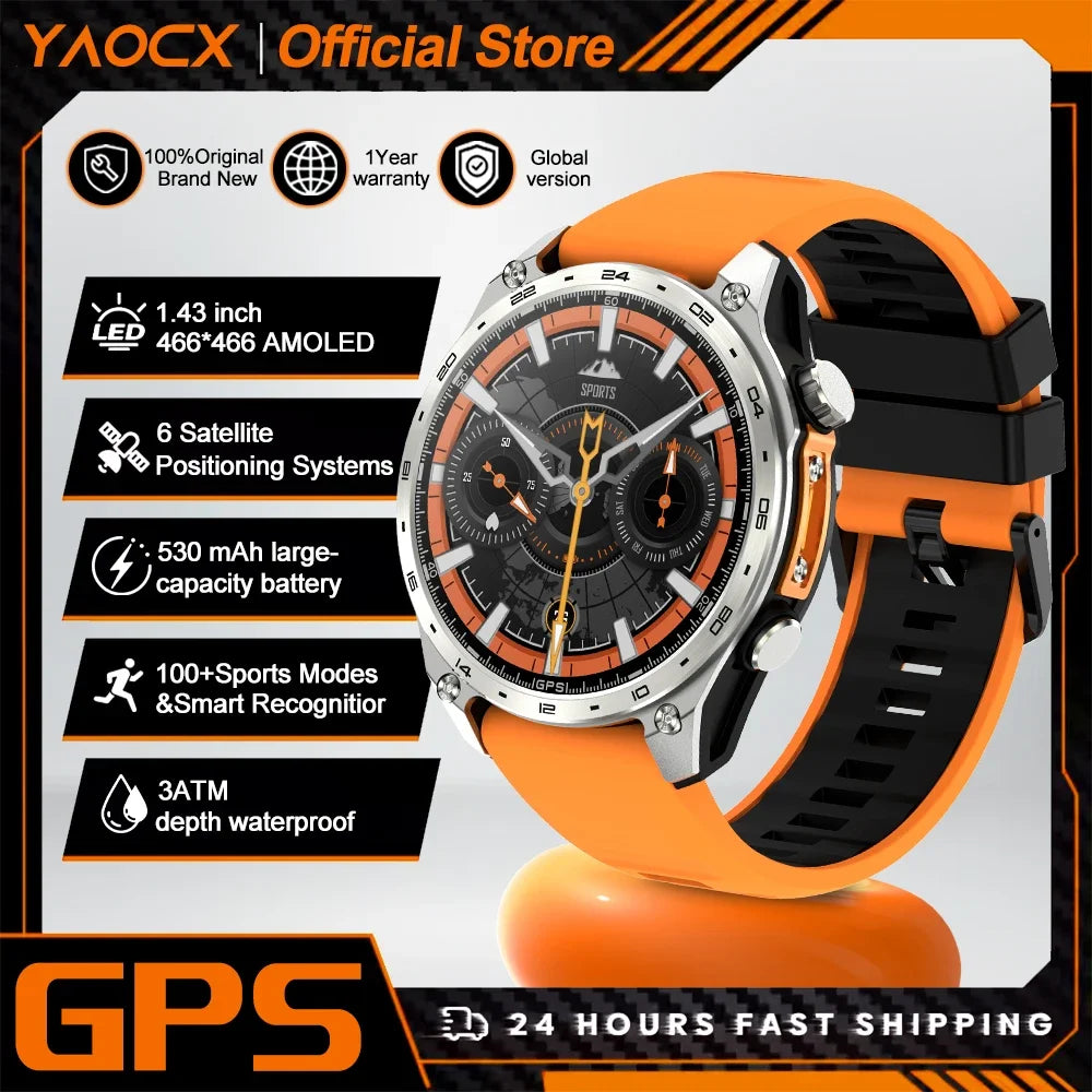 2026 New Men Smart Watch with Built in GPS Maps BT Call 100+ Sport Modes 3ATM Waterproof MP3 MP4 Playback Altitude Compass