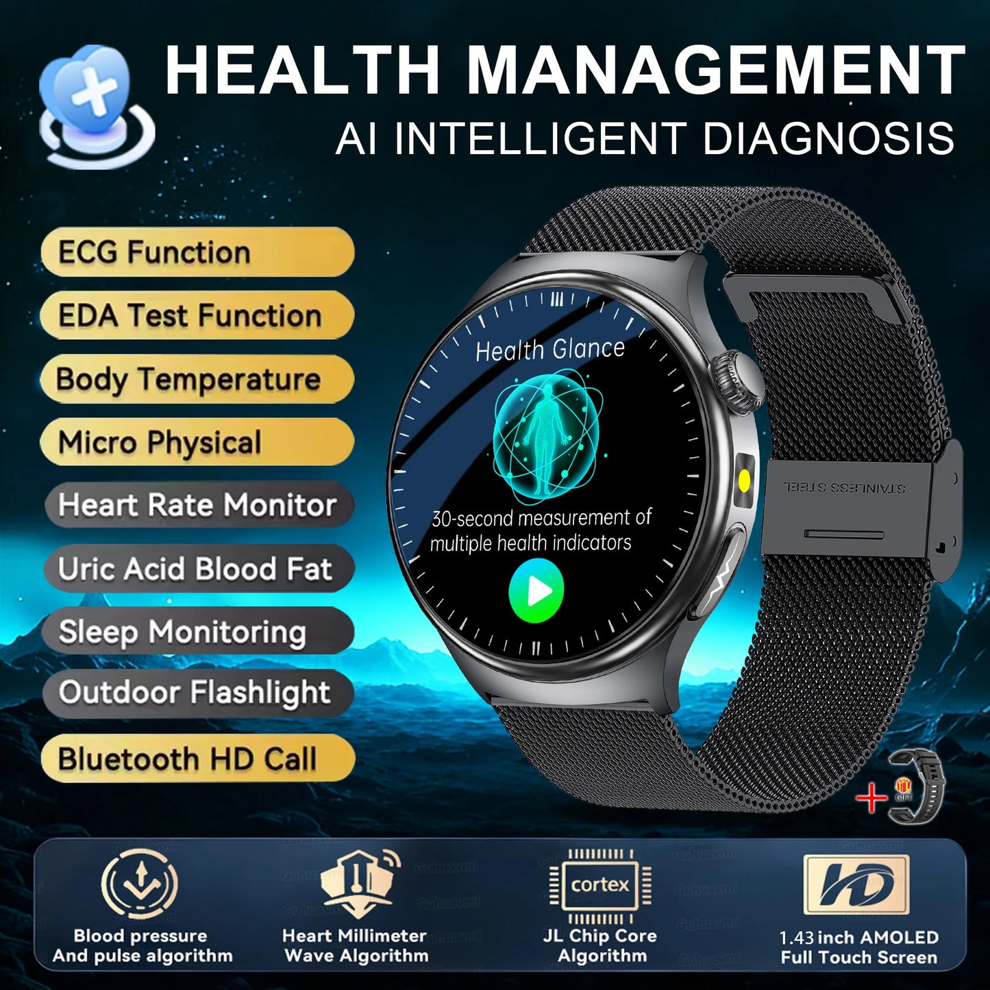2026 New Accurate Diagnosis Smart Watch Body Fat ECG Blood oxygen BP Health Sport HD AMOLED Screen call Smart watch Men women