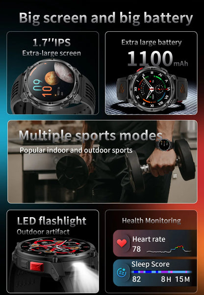 2026 New T-Rex3 Ultra 1100Mah Military Smart Watch Men 1.7"AMOLED GPS Path 5ATM Waterproof Compass LED Flashlight Smartwatch iOS