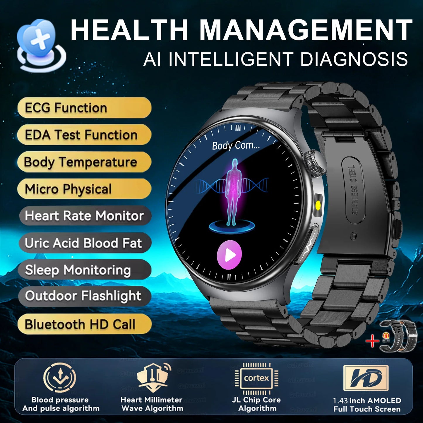 2026 New Accurate Diagnosis Smart Watch Body Fat ECG Blood oxygen BP Health Sport HD AMOLED Screen call Smart watch Men women