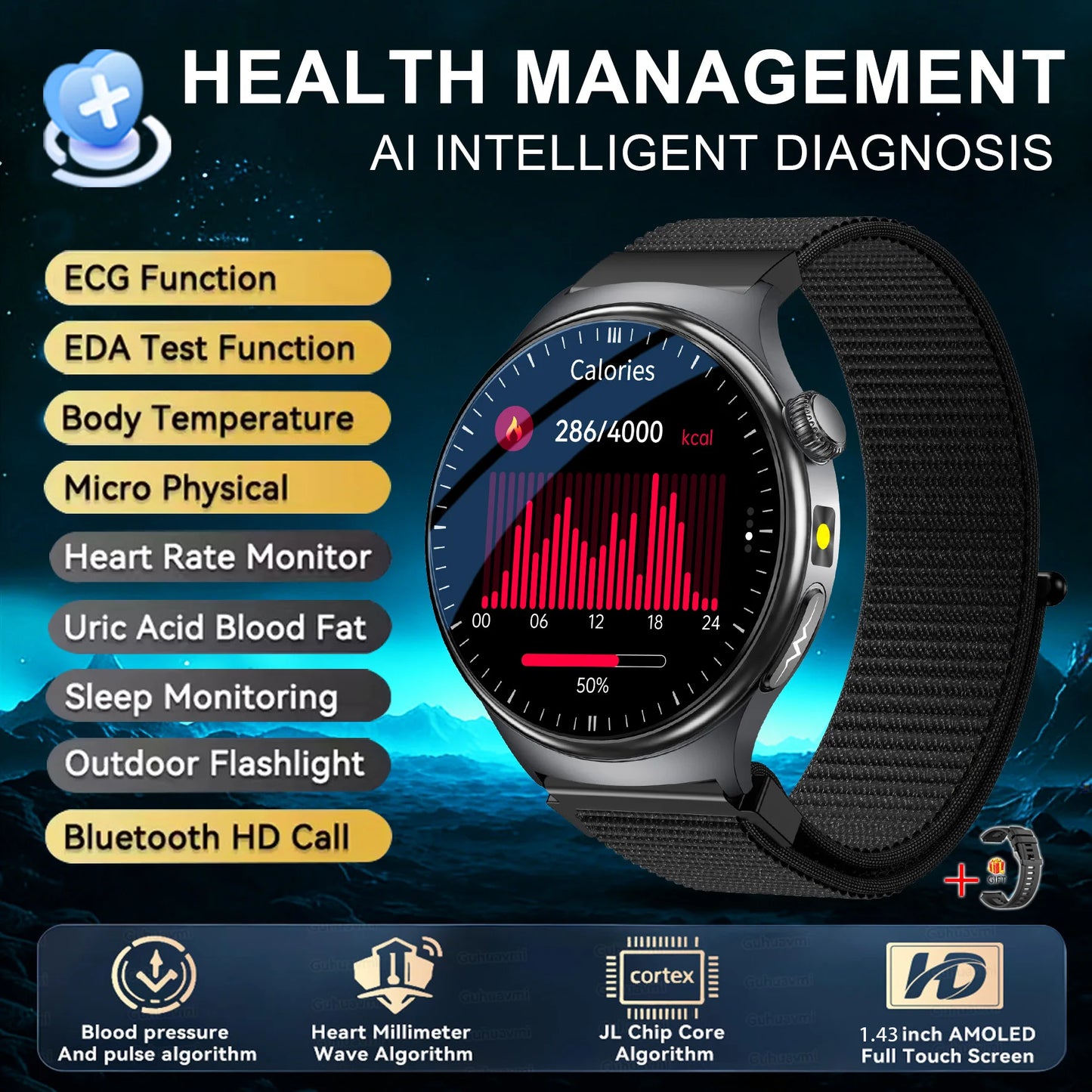 2026 New Accurate Diagnosis Smart Watch Body Fat ECG Blood oxygen BP Health Sport HD AMOLED Screen call Smart watch Men women