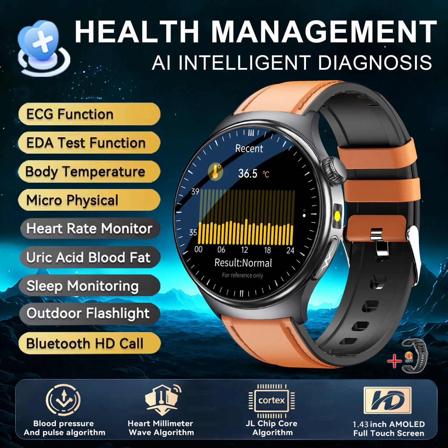 2026 New Accurate Diagnosis Smart Watch Body Fat ECG Blood oxygen BP Health Sport HD AMOLED Screen call Smart watch Men women