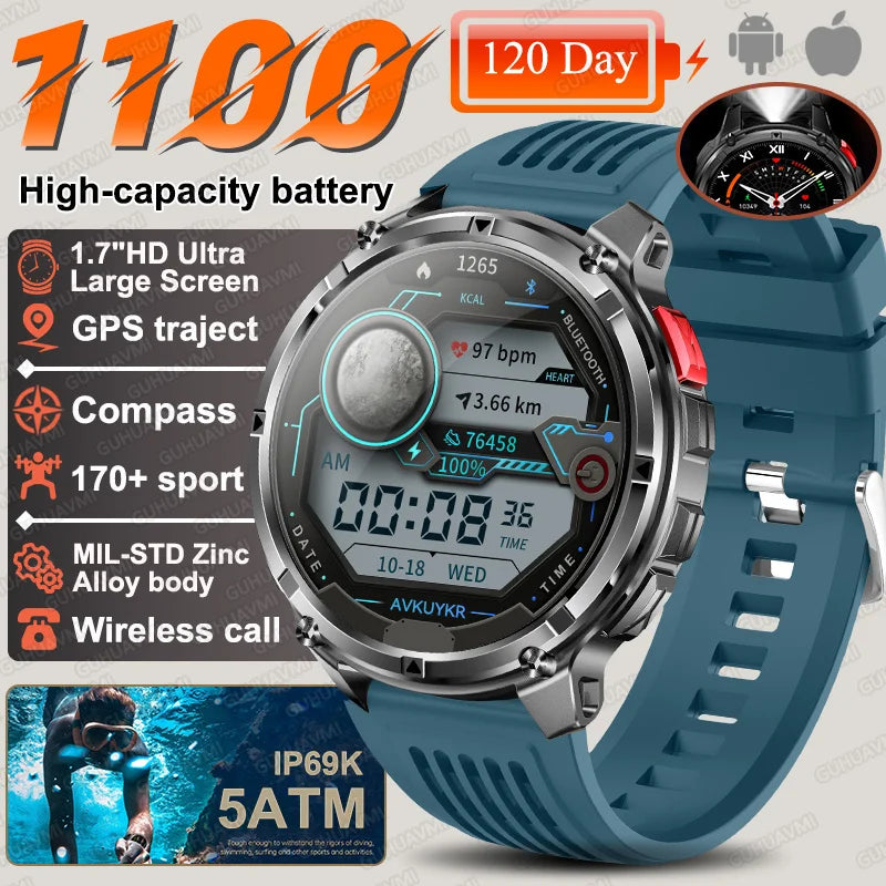 2026 New T-Rex3 Ultra 1100Mah Military Smart Watch Men 1.7"AMOLED GPS Path 5ATM Waterproof Compass LED Flashlight Smartwatch iOS
