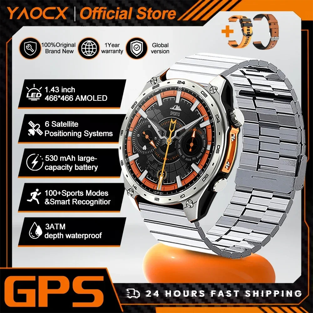 2026 New Men Smart Watch with Built in GPS Maps BT Call 100+ Sport Modes 3ATM Waterproof MP3 MP4 Playback Altitude Compass