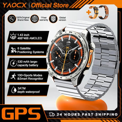 2026 New Men Smart Watch with Built in GPS Maps BT Call 100+ Sport Modes 3ATM Waterproof MP3 MP4 Playback Altitude Compass