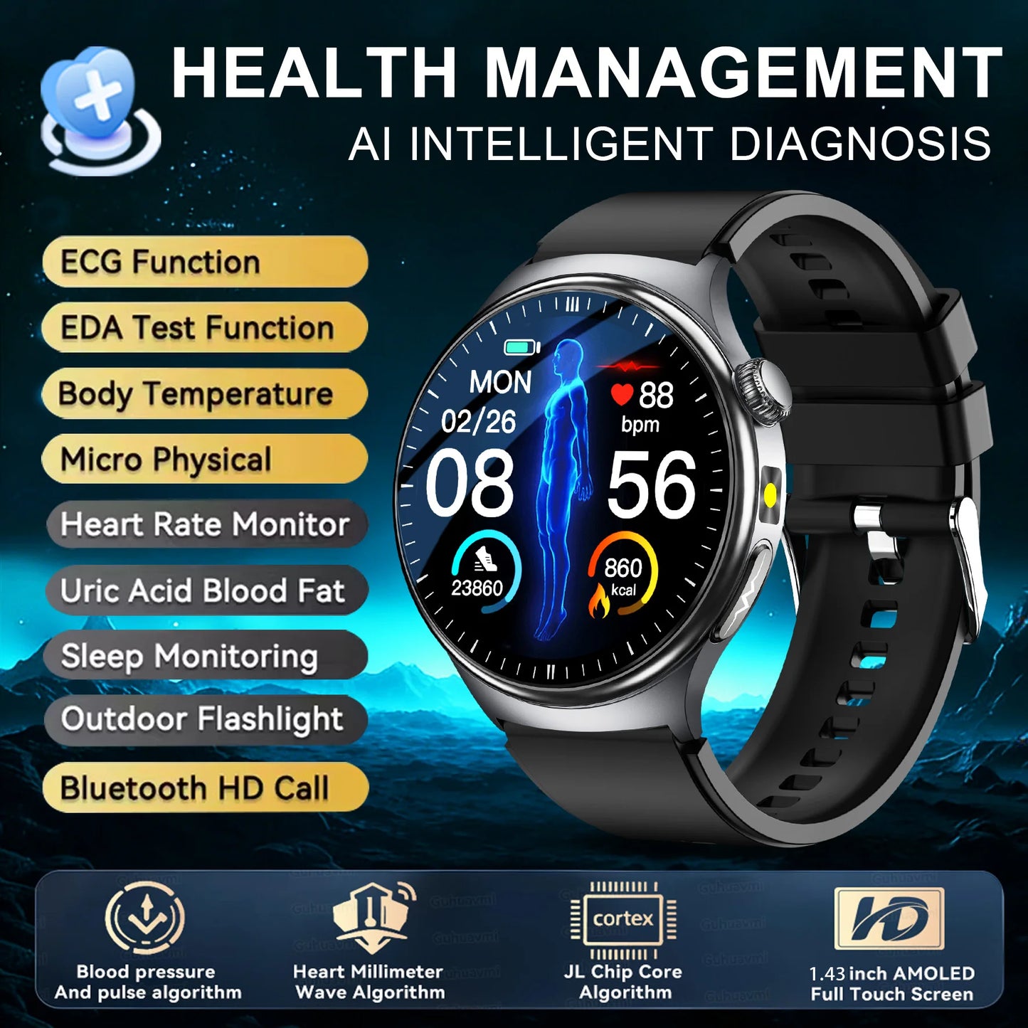 2026 New Accurate Diagnosis Smart Watch Body Fat ECG Blood oxygen BP Health Sport HD AMOLED Screen call Smart watch Men women