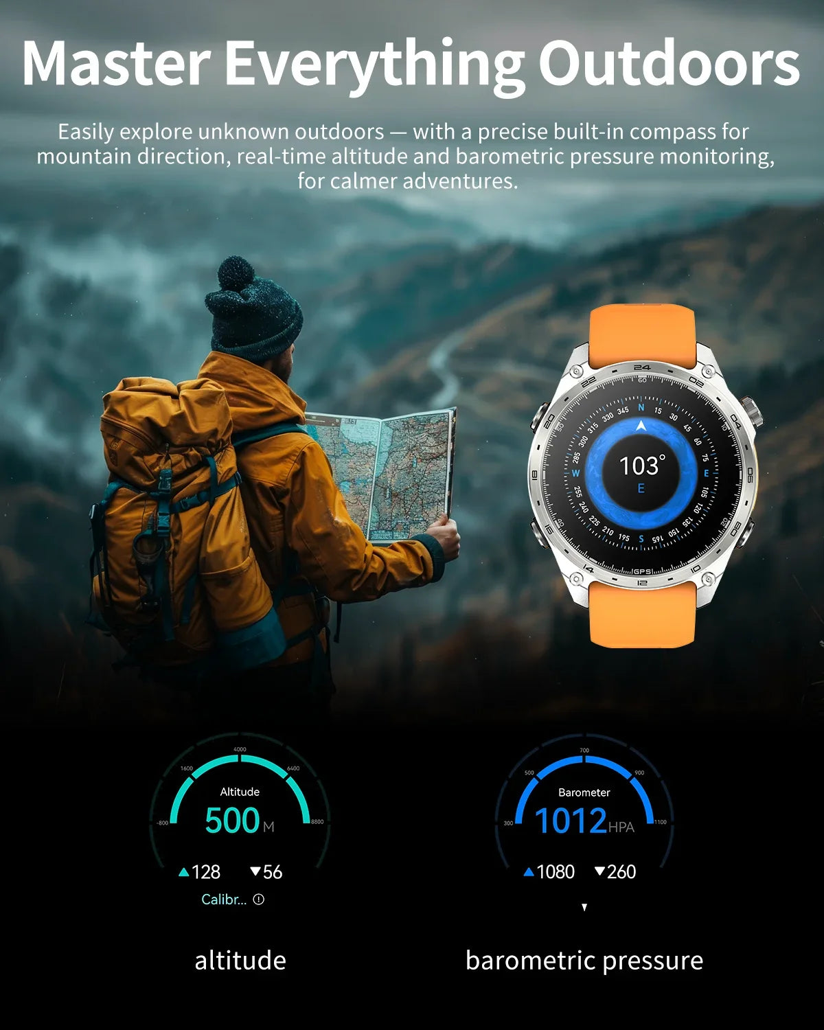 2026 New Men Smart Watch with Built in GPS Maps BT Call 100+ Sport Modes 3ATM Waterproof MP3 MP4 Playback Altitude Compass